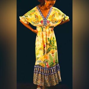 FARM Rio For Anthropologie Parrot Maxi Dress Small Yellow Boho Wedding Cocktail